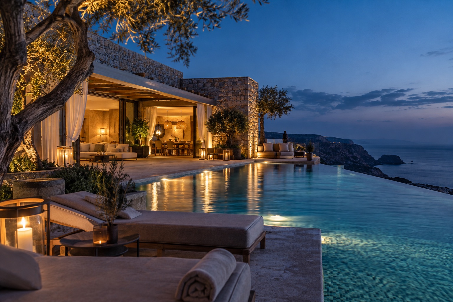 Boutique hotel mediterraneo con piscina a sfioro al tramonto